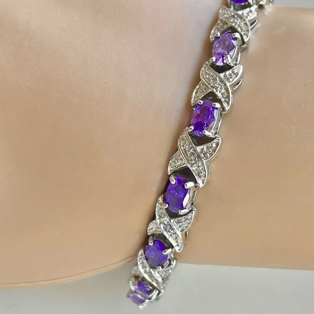 Genuine Amethyst & Silver Bracelet- 7.5” Like New- QVC- Stunning Gemstones! - Picture 10 of 16
